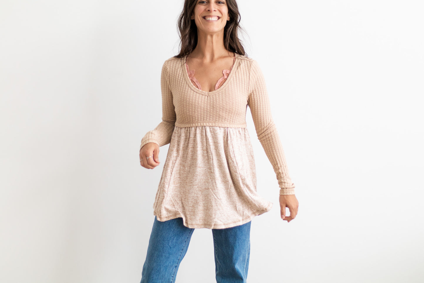 Textured Long Sleeve Babydoll Top