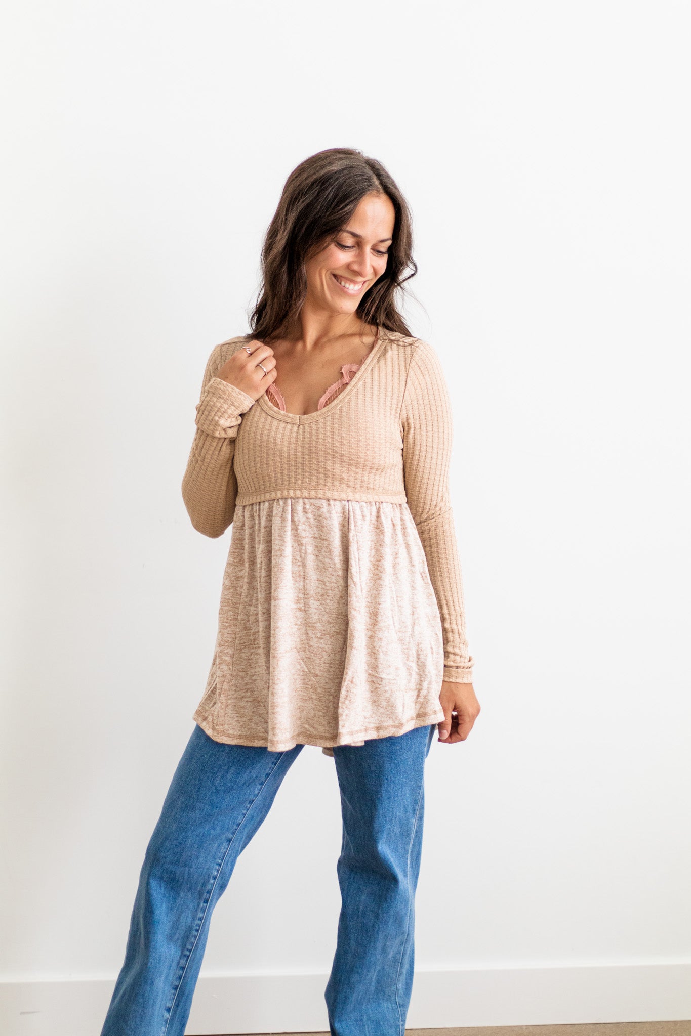 Textured Long Sleeve Babydoll Top