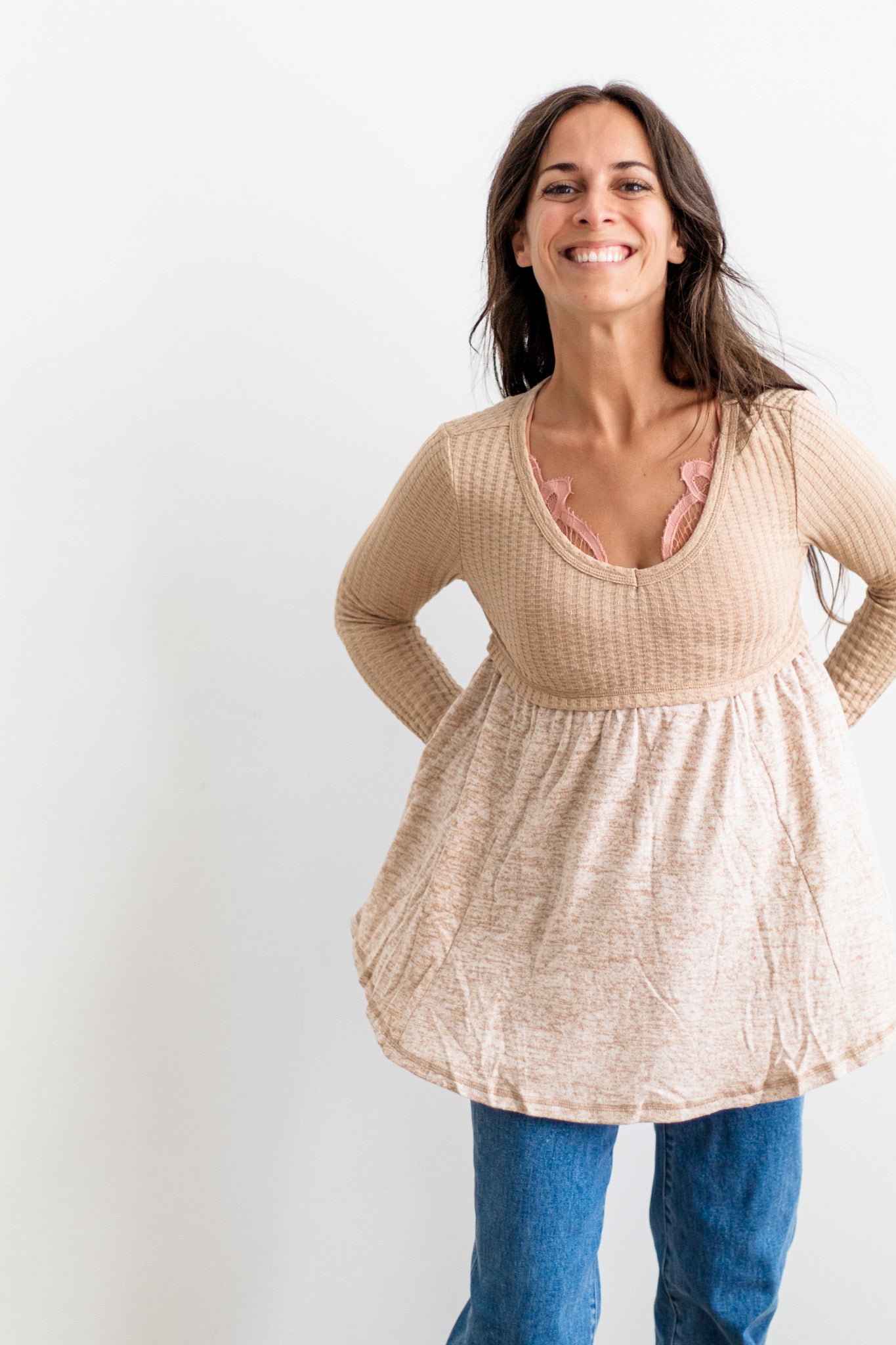 Textured Long Sleeve Babydoll Top