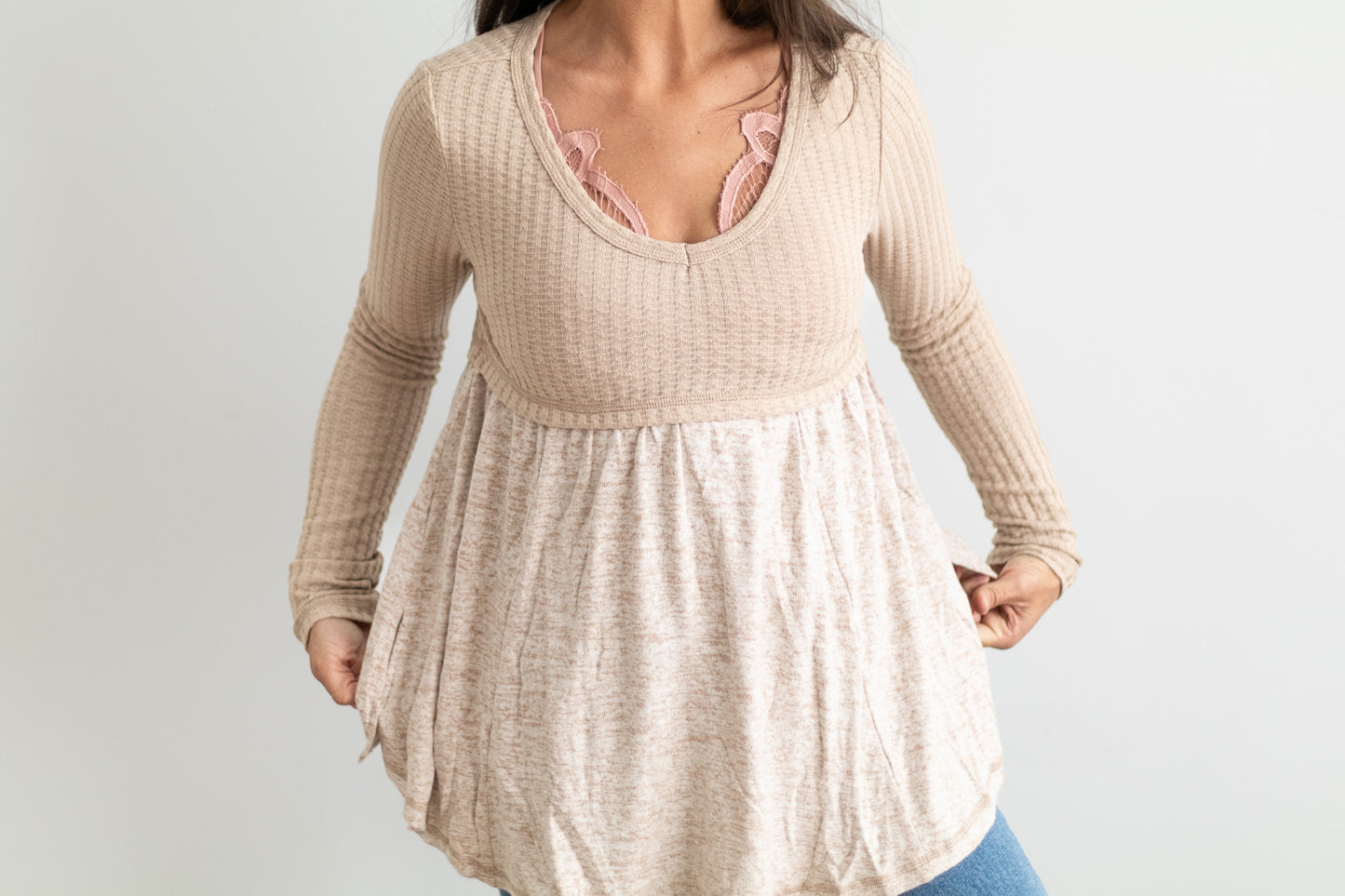 Textured Long Sleeve Babydoll Top